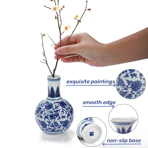 Goaste 3 Pack Small Blue and White Porcelain Vases, 5.5 Inch Tall Mini Vintage Vases, Classic Decorative Bud Vase, Chinoiserie Ceramic Vase for Home Decor, Office, Party Decoration and Events