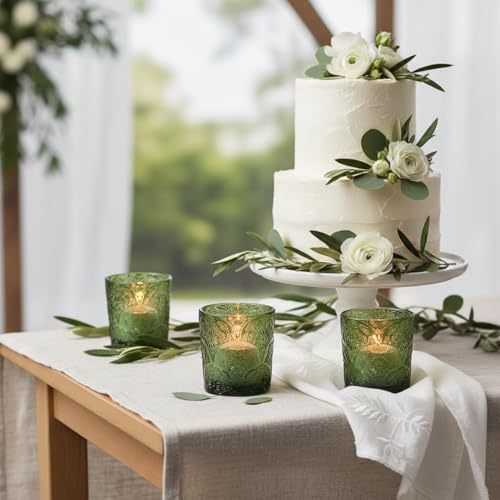 12 Pack Mandala Embossed Glass Candle Holders – Votive Tealight Holders with Patent Design, Decorative Embossed Glass Cups for Wedding Centerpieces, Parties, and Home Décor (Moss Green) - color: Moss Green