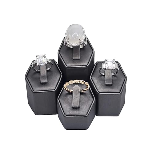 MOOCA 4 Pcs Set Faux Leather Ring Stand Holder Jewelry Display Set, Ring Holders for Jewelry Storage Organizer Stand Pedestals Display, Steel Gray, 1 3/4W x 1 5/8D and ½” H,¼” H,2 ½” H - color: Steel Gray Faux Leather