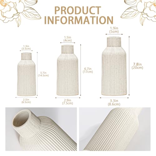 Bohemian Beige Ceramic Vase - for Pampas Grass, Mantel, Bookshelf, Entryway and Living Room Decor (Beige, Set of 3) - color: Beige, size: Set of 3