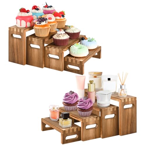 8 Pcs Wood Risers Display Stands, 2 Set Wooden Risers for Table Display, 4 Tier Rectangular Riser Display Stand Wooden for Cupcake, Desserts, Perfume, Collections, Jewelry Showcase