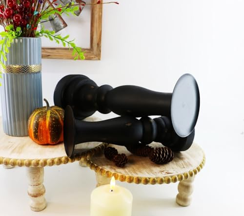 Black Worn Pillar Candle Holder - Rustic Wooden Farmhouse Candlestick Holders for - 2 Piece Set - color: Black-01