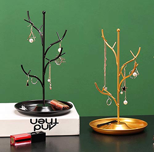 ChezMax Jewelry Display Necklace Earring Organizer Holder Metal Birds Tree Stand with Tray Antique Bracelet Rings Rack Tower Decoration for Women Girl Black 9.4 Inch - color: C-black
