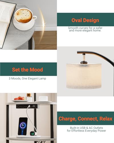 Round Side Table with Lamp and USB Ports, 3-Tier Small End Table for Living Room & Bedroom, Rustic Wood Metal Nightstand for Small Spaces, Easy to Assemble, Greige - color: Greige, size: 1-Pack, style: Built-in Charging + Lighting