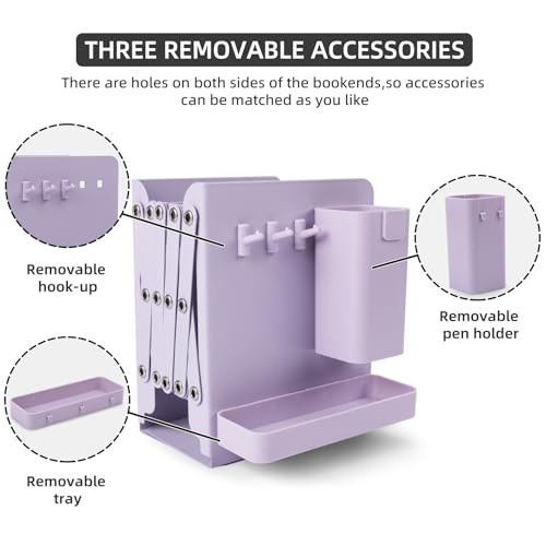 Adjustable Bookends, 19" Metal Book Ends for Heavy Books, 2 Dividers Bookends with Removable Pen Holder, Tray, and 3 Hook-up, Book Organizer for Office, School, Bookstore, Home - color: Purple