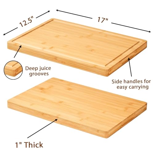 Allsum Large Bamboo Wood Cutting Boards for Kitchen, 1" Extra Thick Butcher Block with Juice Grooves & Handles Resisting to Warping and Cracking, Fancy Charcuterie Boards, 17"L x 12.5"W - size: 17"L x 12.5"W (Single)