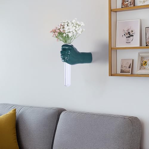 Green Wall Sculptures, Hand Vases Home Decor, Wall Mount Art Sculpture, Unique Wall Art Statue, Funky Flower Vase Decorations, Modern Eclectic Hanging Decor,Glass Test Tube Vase - color: Green