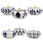 CLEENTABLE Ceramic Tea Light Holders Set of 6 - Handcrafted Candle Holder Bulk - Ideal Fall Decor for Boho Wedding Centerpiece Table, Home Decor & Thanksgiving Indoor (Blue White)