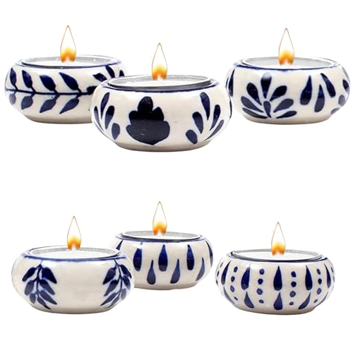 CLEENTABLE Ceramic Tea Light Holders Set of 6 - Handcrafted Candle Holder Bulk - Ideal Fall Decor for Boho Wedding Centerpiece Table, Home Decor & Thanksgiving Indoor (Blue White)