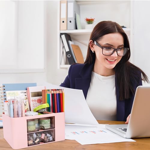 Meiikun Plastic Pen Organizer, Multifunctional Desk Organizer with 2 Drawers, 4 Compartments & a Top Tray, Pencil Holder Desktop Organizers and Accessories for Office, 7.7" x 5.5" x 3.9" (Pink) - color: 5 Compartments + 2 Drawer (Pink)