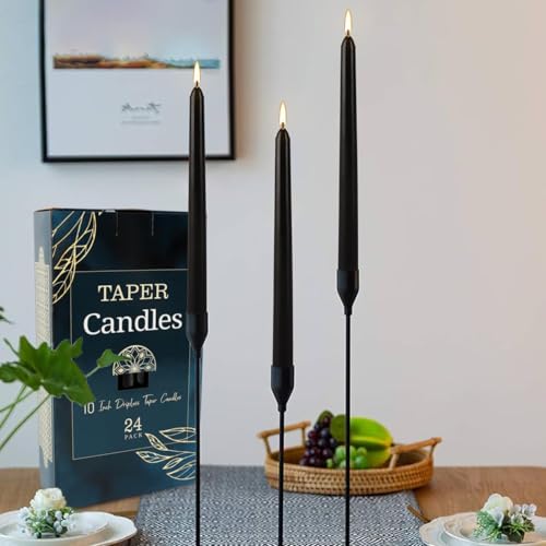 24 Pack Black Taper Candles, 7-8 Hours Burn Time, Unscented, Smokeless and Dripless, 10 Inch Dinner Candle Set for Household, Wedding, Party and Home Décor Candlesticks. - color: 24Pack-Black-10inch-Dripless
