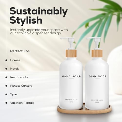 White Glass Hand and Dish Soap Dispenser Set by Brighter Barns - Kitchen Soap Dispenser Set with Tray - Glass Bottles for Kitchen Sink - Housewarming Gift, Countertop Decor, Boho Home Decor (White) - color: White Hd
