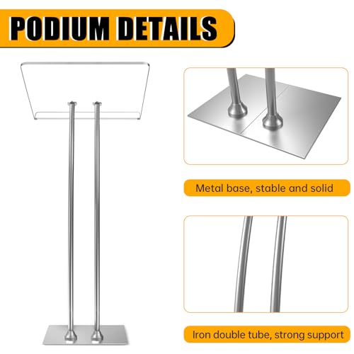 Acrylic Podium Lectern with Iron Stable Bottom, Pulpits for Churches with 10MM Thickened Acrylic Countertop, Multi Function Pulpit for Modern Classroom Music Concert Wedding Conference Event - color: silvery
