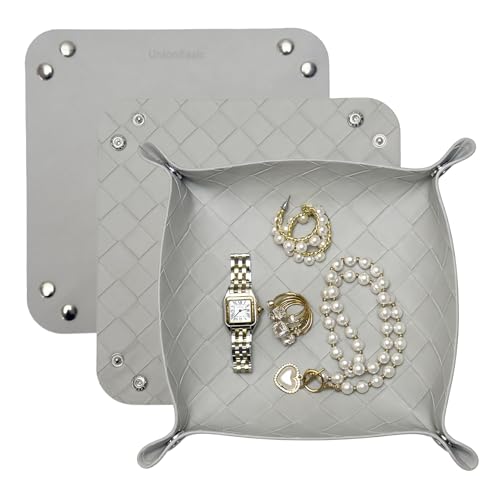 UnionBasic Small Valet Tray, Jewelry Tray for Rings Watches Earrings, Entryway Catchall Caddy for Coins Keys Change, Nightstand Bedside Valet Holder, Trays for Electronic Gadgets, Woven Light Gray - color: Woven Light Gray, size: 5.4" x 5.4" x 1.6"