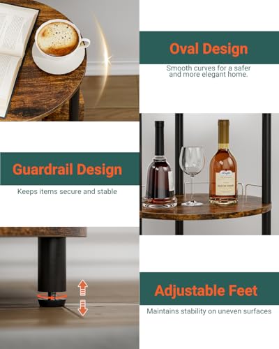 Small Nesting Coffee Table - 3-Tier Oval Accent Table for Small Spaces, Rustic Wood and Metal Couch End Table, Nightstand for Bedroom or End Table Living Room, Easy to Assemble, Rustic Brown - color: Rustic Brown, size: 1-Pack, style: With Guard Rail