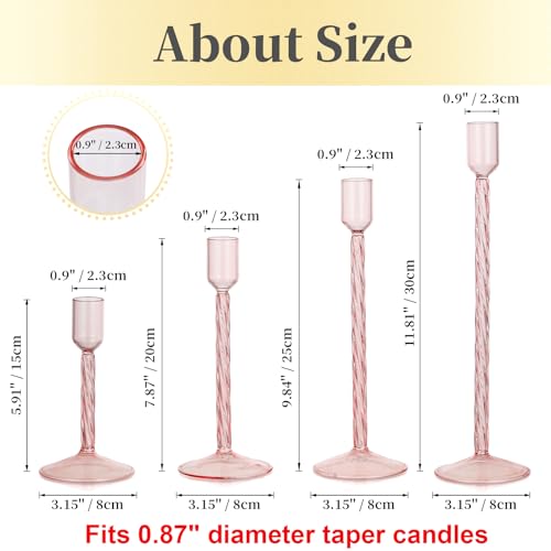 Hewory Glass Taper Candle Holders: 4 Pcs Pink Vintage Candlestick Holders Tall Candle Sticks Holder Decor, Glass Candle Holder for Table Centerpiece Wedding Christmas Advent Holiday Party Decorations - color: Pink