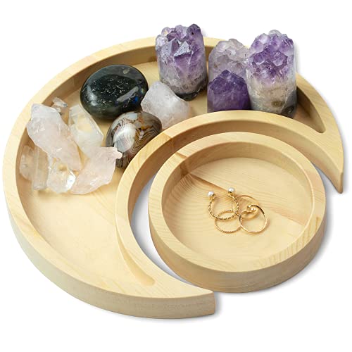 Natural Pine Wood Moon Crystal Display Tray with Dish - Wooden Altar Tray 9.6" x 4.2" for Crystals and Stones Storage - Solid Wood Jewelry Organizer - Bohemian Spiritual Decor - color: Natural With Tray