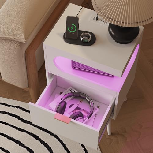 Veegle Nightstand,Modern Bedside Table with Storage Drawer and Open Wood Shelf, Accent Night Stand with Solid Wood Legs for Living Room, Bedroom and Small Spaces,Easy Assembly (White) - color: White