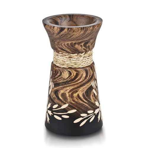 AeraVida 6-Inch Nature’s Beauty Etched Flower and Rope Design Mango Tree Wood Rectangular Handmade Vase | Rustic Wooden Tabletop Vase for Flowers | Sustainable Home & Kitchen Decor