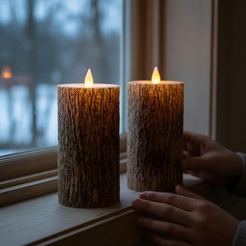 Brown Bark Wax Flameless Pillar Candles with Remote Timer, 3D Moving Flame Led Candles up to 400 Hours with 2AA Batteries, Set of 2(3''x6''), Remote Included (Brown). - color: Brown