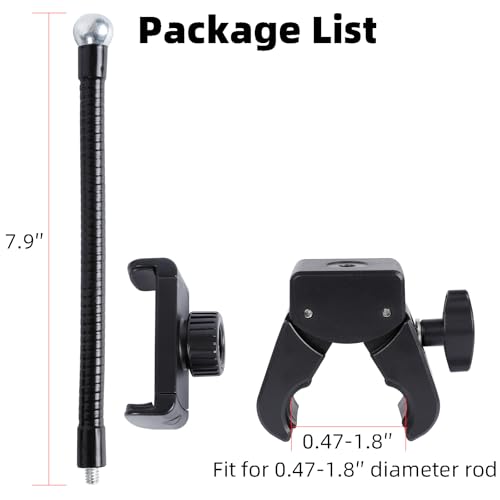 Mic Stand Phone Holder, Flexible Phone Mount with 7.9" Removable Gooseneck for Microphone Music Stand, 360°Adjustable Phone Holder for iPhone 16 Pro Max, 15 Plus, All Smartphones