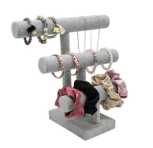 Wudygirl Ice Velvet Bracelet Display Stand with 3 Tier T-Bar Removable Bangle Holder Organizer for Bracelet Necklace Watch Hair Ties(Ice Velvet) - color: Gray, size: M