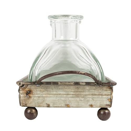Creative Co-Op Decorative Iron Rectangle Tray with Handles & 5 Glass Vases