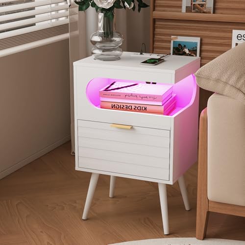 Veegle Nightstand,Modern Bedside Table with Storage Drawer and Open Wood Shelf, Accent Night Stand with Solid Wood Legs for Living Room, Bedroom and Small Spaces,Easy Assembly (White) - color: White