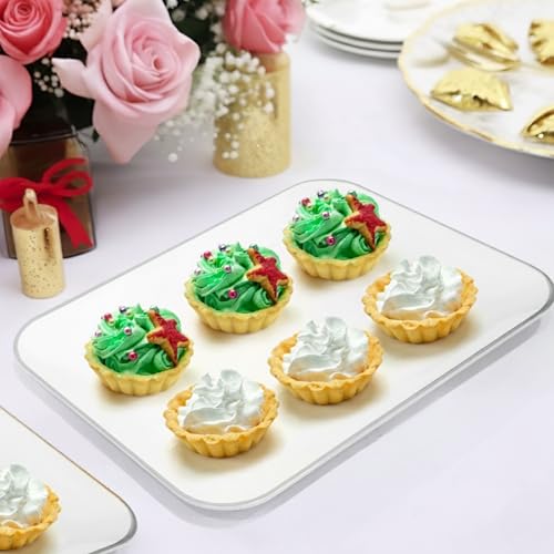 3 Pack Silver Plastic Serving Trays for Party - Silver Rim Serving Tray 8 x 11 Inch - Heavy Duty Dessert Trays for Food - Rectangular Party Serving Trays for Entertaining - color: White and Silver Rim