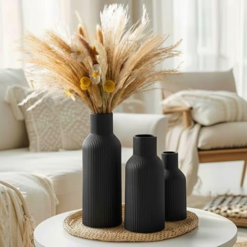 Glossy Black Ceramic Vases Set of 3 - Modern Ribbed Vases for Fresh Flowers & Pampas Grass - Minimalist Decorative Centerpieces for Coffee Table, Mantle, Entryway & Office - color: Black