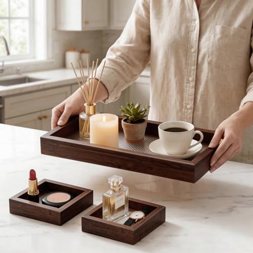 Rectangle Small Tray Set of 3, Desk Drawer Organizer - Stackable, Walnut - color: Walnut, size: 3-Piece Set