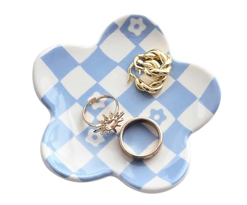 Teen Girls Gifts Trendy Stuff Aesthetic Room Decor Bedroom Decor Aesthetic Preppy Room Decor Aesthetic Stuff Checkered Jewelry Tray, Blue - style: Blue Checkered and Flower