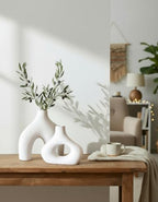 Carrot's Den Donut Vase, Set of 2 - White Large Ceramic Vase - Minimalist Nordic, Hollow | Table Centerpiece, Olive Plant, Wedding, Living Room, Bookshelf, Office, Modern Home, Entryway, Console - color: Warm White