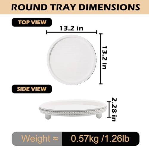 Wooden Beaded Decor Tray for Coffee Table, Rustic Wooden Trays Table Centerpieces, Decorative Trays for Home Decor Kitchen Table Farmhouse Serving Tray (Round White) - color: Round White