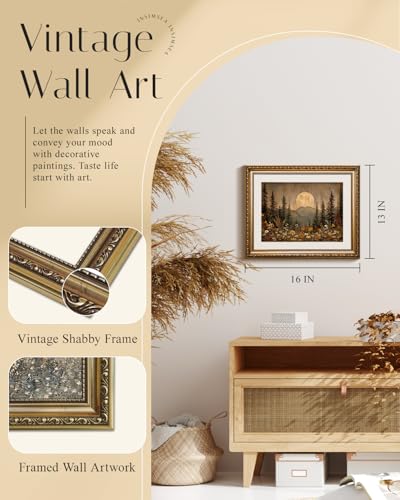InSimSea Gold Picture Framed Wall Art, Living Room Vintage Nature Forest Wall Decor, Dark Moon Landscape Canvas Print Art, Home Farmhouse Decor, Antique Paintings with Frame 13x16inch - color: Full Moon Day, size: 16"L x 13"W
