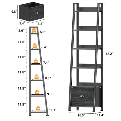 Furologee Bookshelf Set of 2, 6-Tier Ladder Shelf, Ladder Bookshelf with Drawer, Set of 2 Bookshelves, Wood Metal Freestanding Storage Shelf for Living Room, Home Office, Bedroom, Kitchen,Black Oak - color: Black Oak, size: 6 Tier -2 PCS