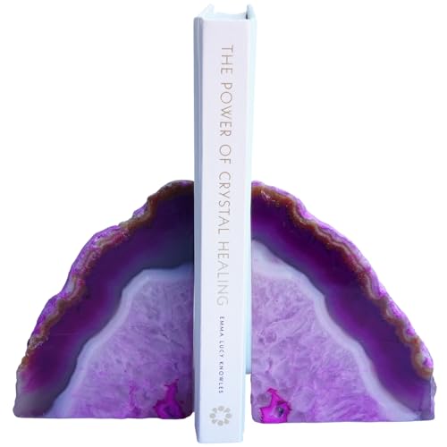 Natural Pink Dyed Agate Geode Bookends - 2 to 3 lb Heavy Duty Rock Crystal Stone Book Ends for Shelves, with Rubber Bumpers, Decorative Book Holders for Home Office - color: Pink, size: 2-3 Lbs