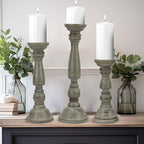 Solid Wood Candle Pillar Holder - Set of 3 Handcarved Candlestick Holder Stand - Boho Rustic Holiday Table Centerpiece Farmhouse Mantle - 17" 14" 11" H - Antique Charcoal Grey Distressed -COTTON CRAFT