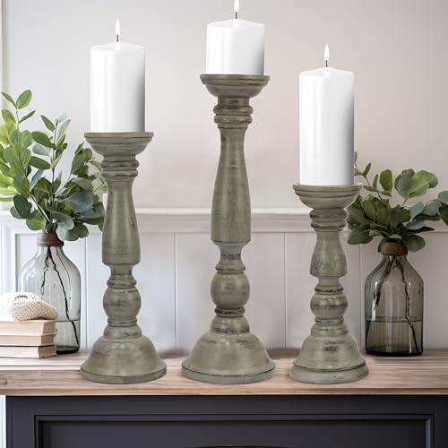 Solid Wood Candle Pillar Holder - Set of 3 Handcarved Candlestick Holder Stand - Boho Rustic Holiday Table Centerpiece Farmhouse Mantle - 17" 14" 11" H - Antique Charcoal Grey Distressed -COTTON CRAFT