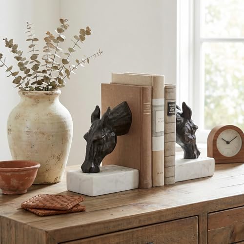 Book Ends for Shelves, Horse Decorative Bookends for Heavy Books, Heavy Duty Book Ends with Anti-Slip Base Book Stopper for Shelves Books Home Office Decor (Black) - color: Black