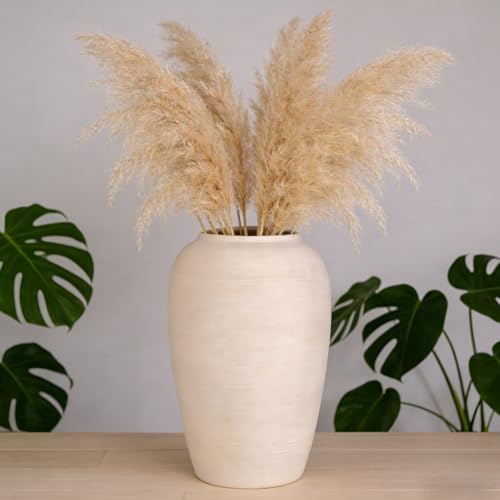 Beige Textured Ceramic Vase (9.8in Tall) - Boho Minimalist Rustic Vase with 3.4in Opening, Neutral Home Decor Vase for Fresh/Dried Flowers, Living Roo - size: 9.8in