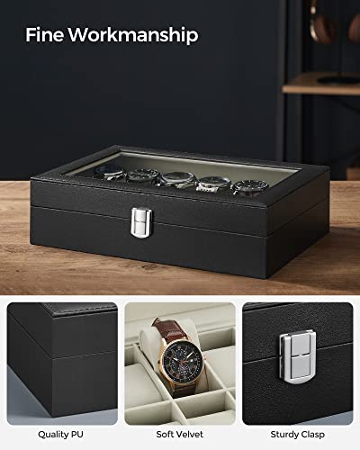 SONGMICS Watch Box, 12-Slot Watch Case Organizer with Large Glass Lid, Removable Pillows, Gift for Loved Ones, Black Synthetic Leather, Greenish Beige Lining UJWB12BE - color: Black + Greenish Beige, size: 12 Slot