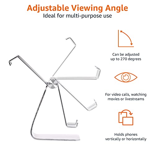 Amazon Basics Adjustable Aluminum Phone Stand for Cell Phones, iPhone and Android, Desktop Phone Holder with Adjustable Angle, Hands-Free Viewing, 3.15 x 2.87 x 3.74 inch, Silver