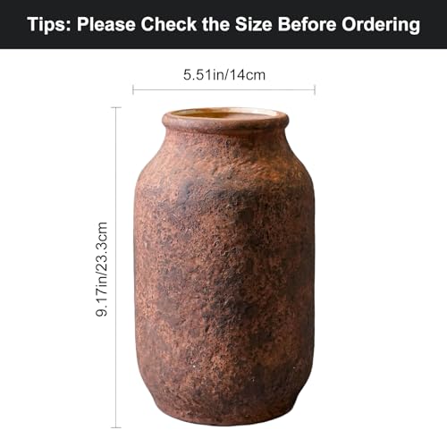Rustic Terracotta Vase for Home Decor, 9 Inch Farmhouse Ceramic Vases for Centerpieces, Decorative Pottery Flower Vase for Pampas Grass, Living Room Mantle Decor Brown