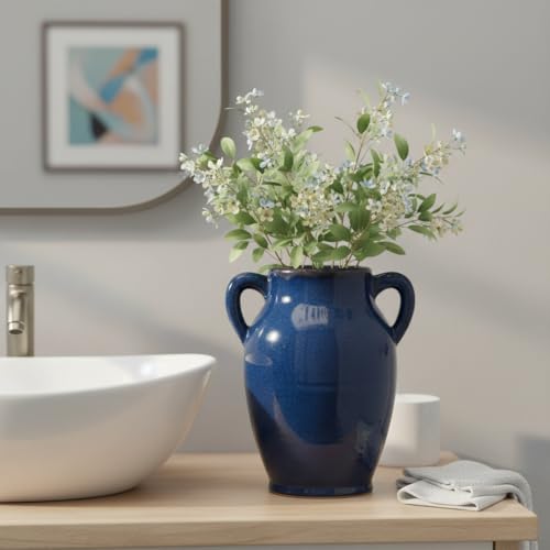 Sunddo Blue Ceramic Vases for Home Decor - 8 inch Blue Flower Vase with Handles, Farmhouse Country Vase for Pampas Grass, Fireplace, Centerpieces, Living Room, Table, Shelf Decor - color: Retro Blue - 8, size: 8 Inch
