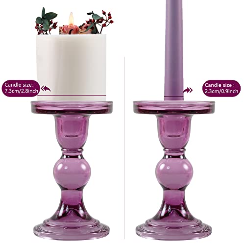 GMWD 3 Pcs Glass Candle Holder Set Clear, Purple Candlesticks Holders Pillar Taper Candles Tealight Stand for Wedding Centerpieces Home Decorations Dining Table - color: Purple