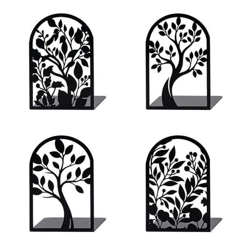 Sanwarm Metal Bookends Botanical Tree Book Ends Decorative Bookend for Home Office Library Desk Book Shelves Decor, Gift for Reading Enthusiasts Non-Skid Book Stoppers Holder (Black 2 Pair) - color: Tree