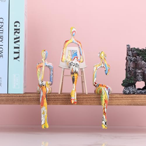 SHENGTIAN Resin Reading Sculpture Graffiti Decor Sitting Thinker Statue Abstract Sculptures, Bookshelf Decor Accents Resin Gold Figurines for Home Office Living Room Shelf Desktop Decor (Graffiti-2)