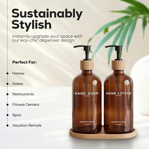 Amber Glass Soap and Lotion Dispenser Set with Tray by Brighter Barns - Hand Soap Dispenser Bathroom Set - Glass Bottles with Pump - Bamboo Home Accessories & Modern Bathroom Decor for Airbnb (Amber) - color: Amber Sl