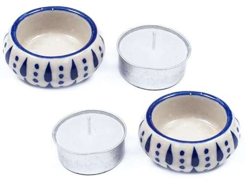 CLEENTABLE Ceramic Tea Light Holders Set of 6 - Handcrafted Candle Holder Bulk - Ideal Fall Decor for Boho Wedding Centerpiece Table, Home Decor & Thanksgiving Indoor (Blue White)